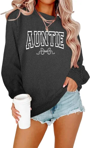 Aunt Shirt Women Auntie Shirts: Cool Aunts Club Long Sleeve Aunt Gifts Lightweight Shirt Ribbed Textured Loose Novetly Top