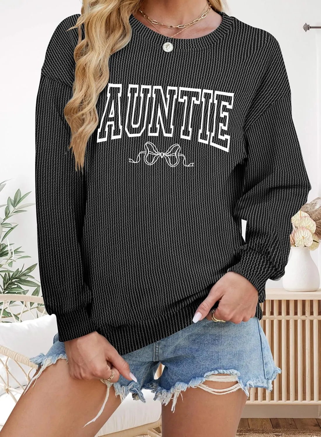 Aunt Shirt Women Auntie Shirts: Cool Aunts Club Long Sleeve Aunt Gifts Lightweight Shirt Ribbed Textured Loose Novetly Top