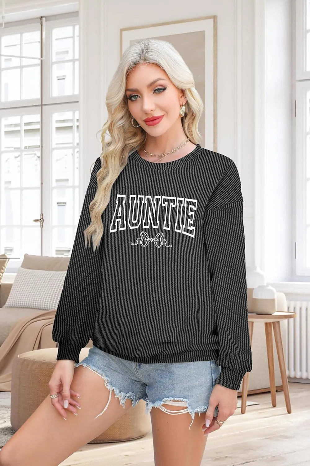 Aunt Shirt Women Auntie Shirts: Cool Aunts Club Long Sleeve Aunt Gifts Lightweight Shirt Ribbed Textured Loose Novetly Top