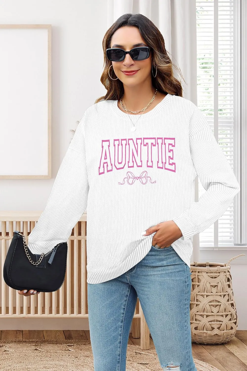 Aunt Shirt Women Auntie Shirts: Cool Aunts Club Long Sleeve Aunt Gifts Lightweight Shirt Ribbed Textured Loose Novetly Top