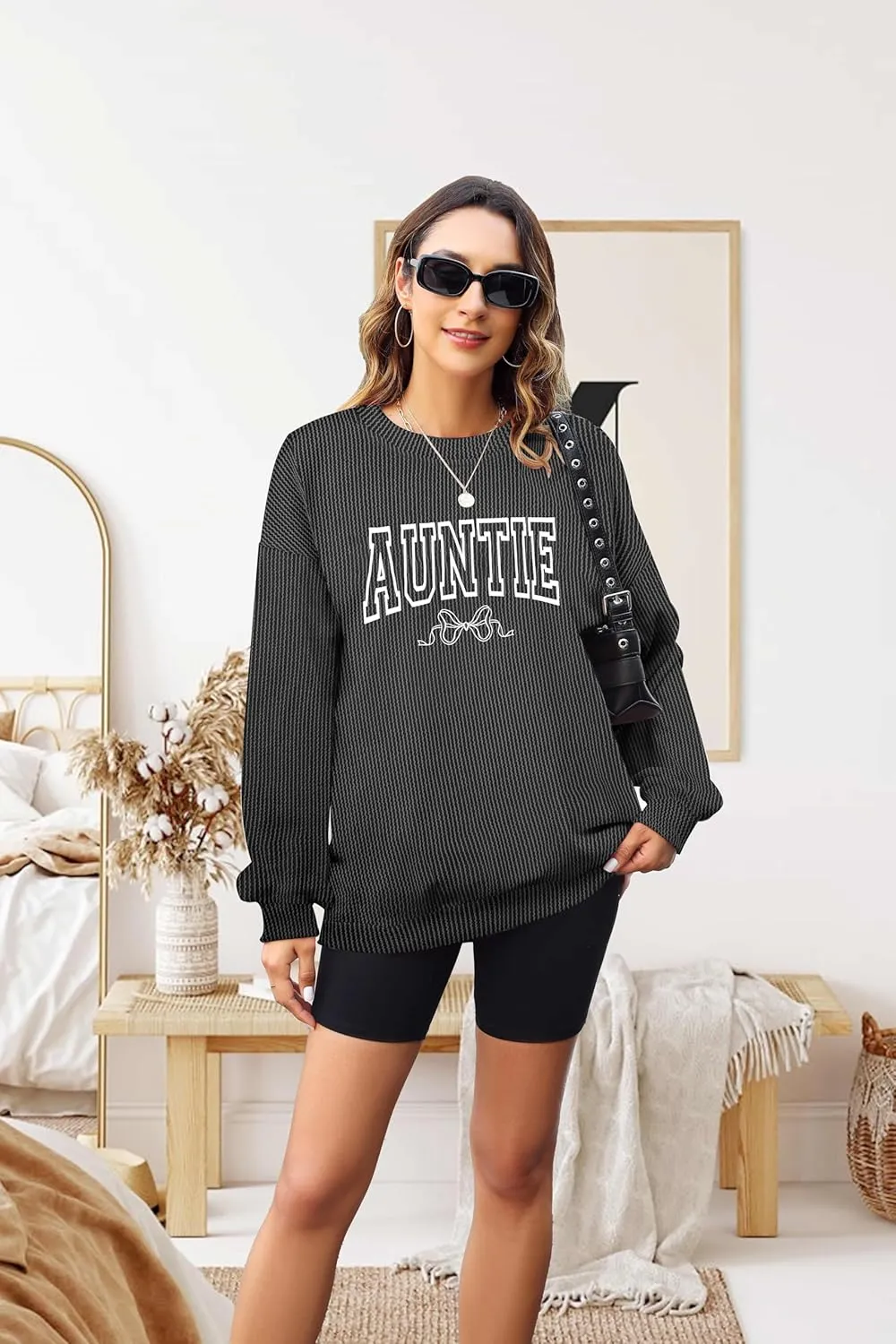 Aunt Shirt Women Auntie Shirts: Cool Aunts Club Long Sleeve Aunt Gifts Lightweight Shirt Ribbed Textured Loose Novetly Top