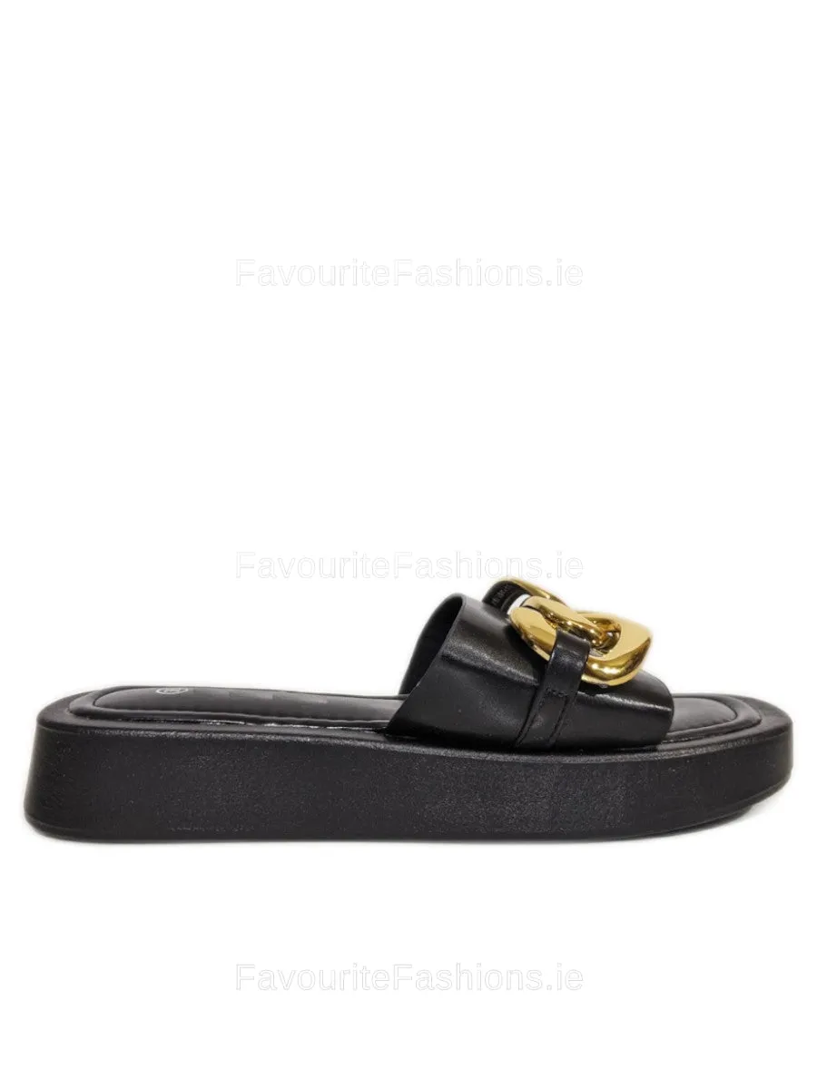 Black Thick Sole Platform Sliders with Gold Buckle
