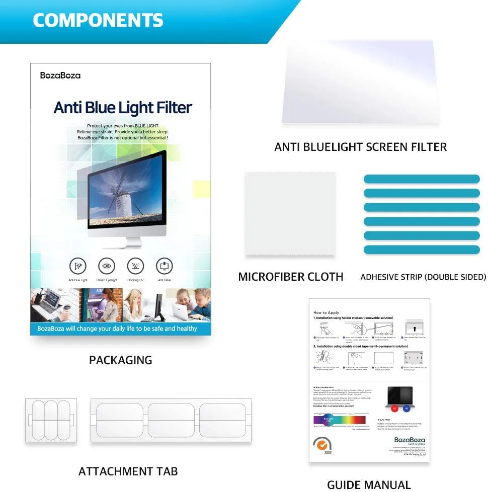 BOZABOZA BLB15W (331 x 186mm) 15W9 Anti Blue Light Screen Filter with 98.7% Blue light cut | 100% Anti-UV | Anti-Glare | Anti-Scratch for 15" Laptops (16:9) BLB-15W 防藍光螢幕保護片[韓國製]