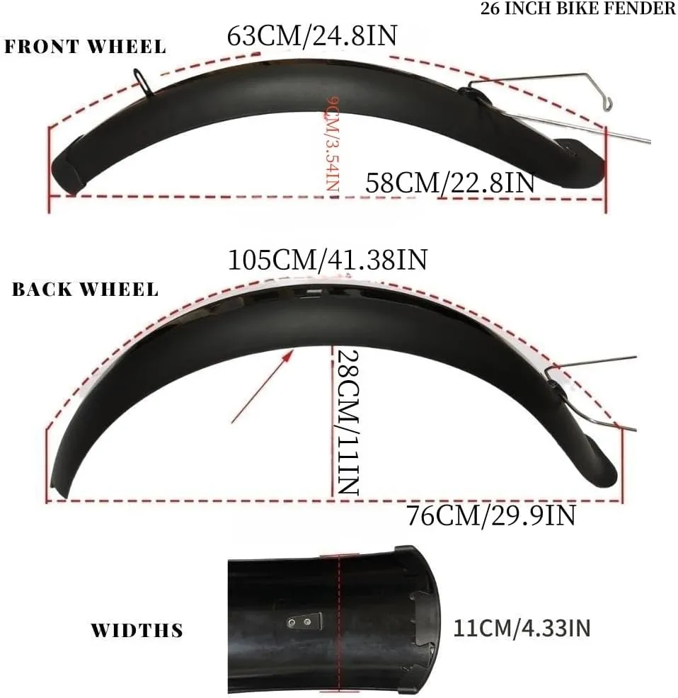 Fat Bike Fender Front and Rear Fender Set for Fat Tire Bike Wings Full Coverage Set for E-Bike Mountain Bike (Black, 26 * 4.0 INCH)