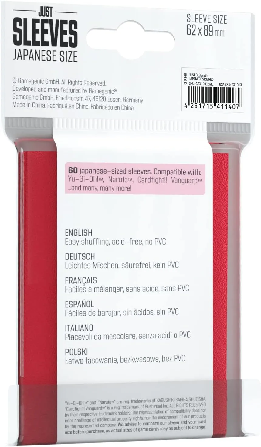 Gamegenic Card Sleeves  Just Sleeves: Red Japanese Size 60CT  Card Sleeves are Smooth & Tough - Compatible with Yugioh & Cardfight Vanguard