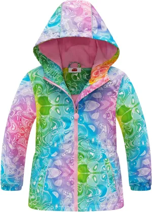 Girls Rain Jacket, Windbreaker Kids Raincoat Waterproof Zip Jacket with Fleece Liner