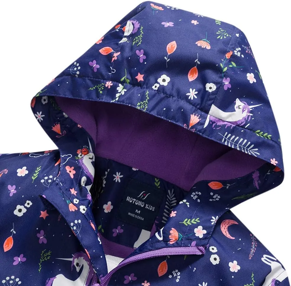 Girls Rain Jacket, Windbreaker Kids Raincoat Waterproof Zip Jacket with Fleece Liner