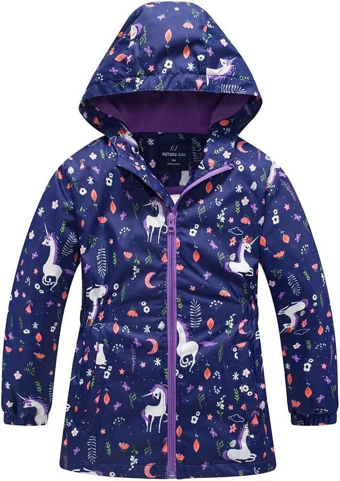 Girls Rain Jacket, Windbreaker Kids Raincoat Waterproof Zip Jacket with Fleece Liner
