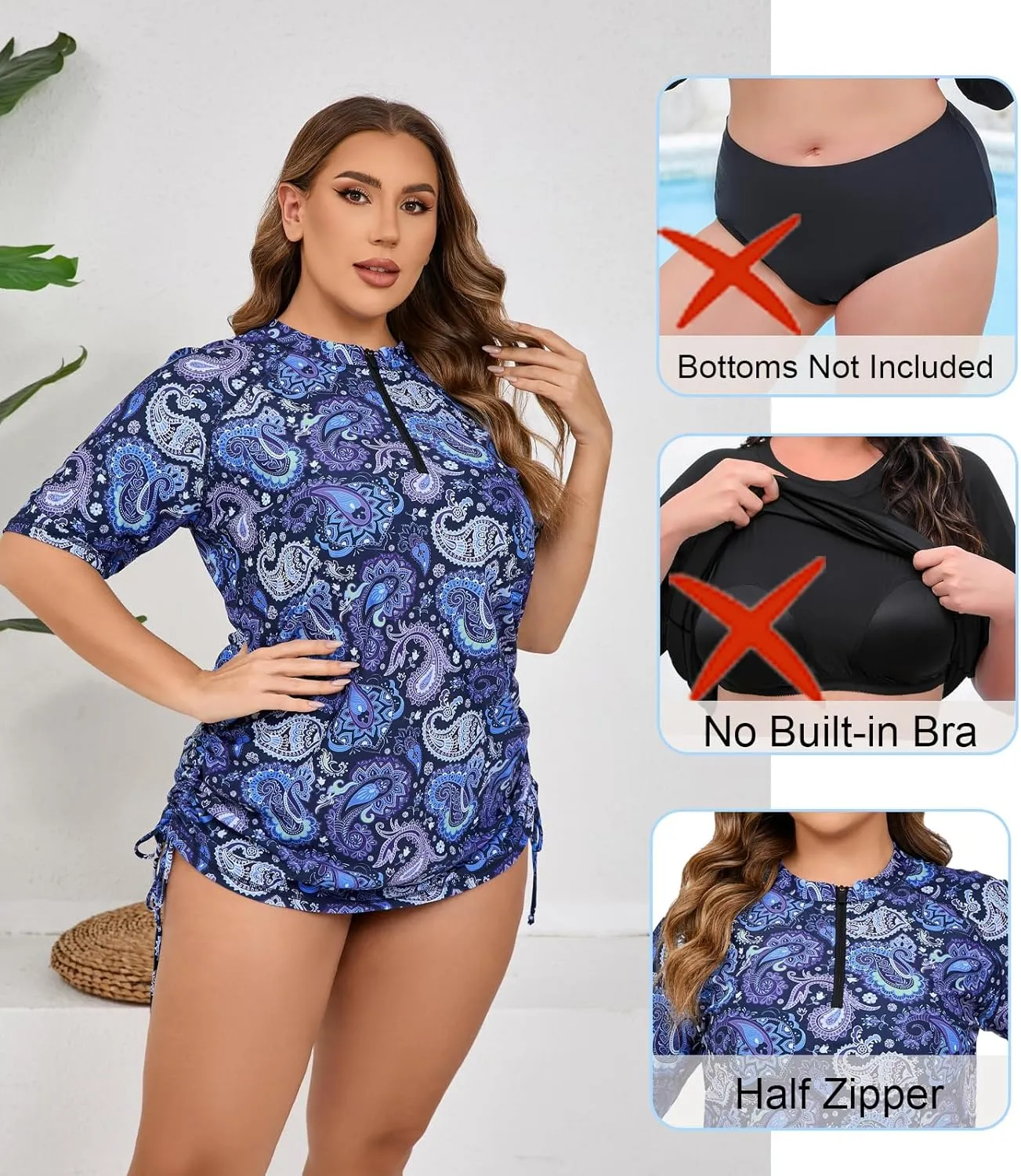 Halcurt Women's Plus Size Half Zip Short Sleeve Rash Guard Swim Top Drawstring Swim Shirt UPF50  Swimsuit