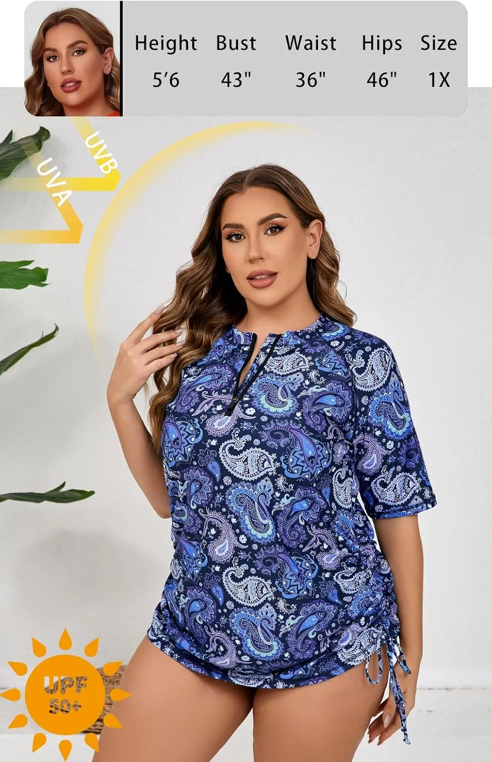 Halcurt Women's Plus Size Half Zip Short Sleeve Rash Guard Swim Top Drawstring Swim Shirt UPF50  Swimsuit
