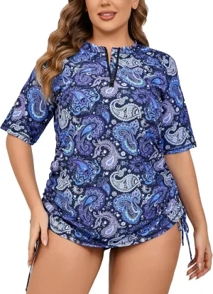 Halcurt Women's Plus Size Half Zip Short Sleeve Rash Guard Swim Top Drawstring Swim Shirt UPF50  Swimsuit
