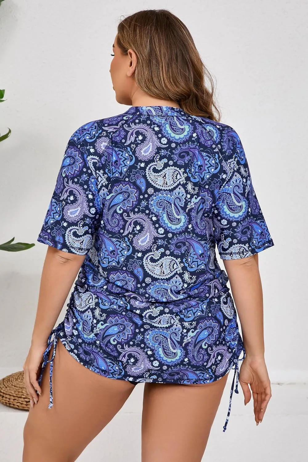 Halcurt Women's Plus Size Half Zip Short Sleeve Rash Guard Swim Top Drawstring Swim Shirt UPF50  Swimsuit