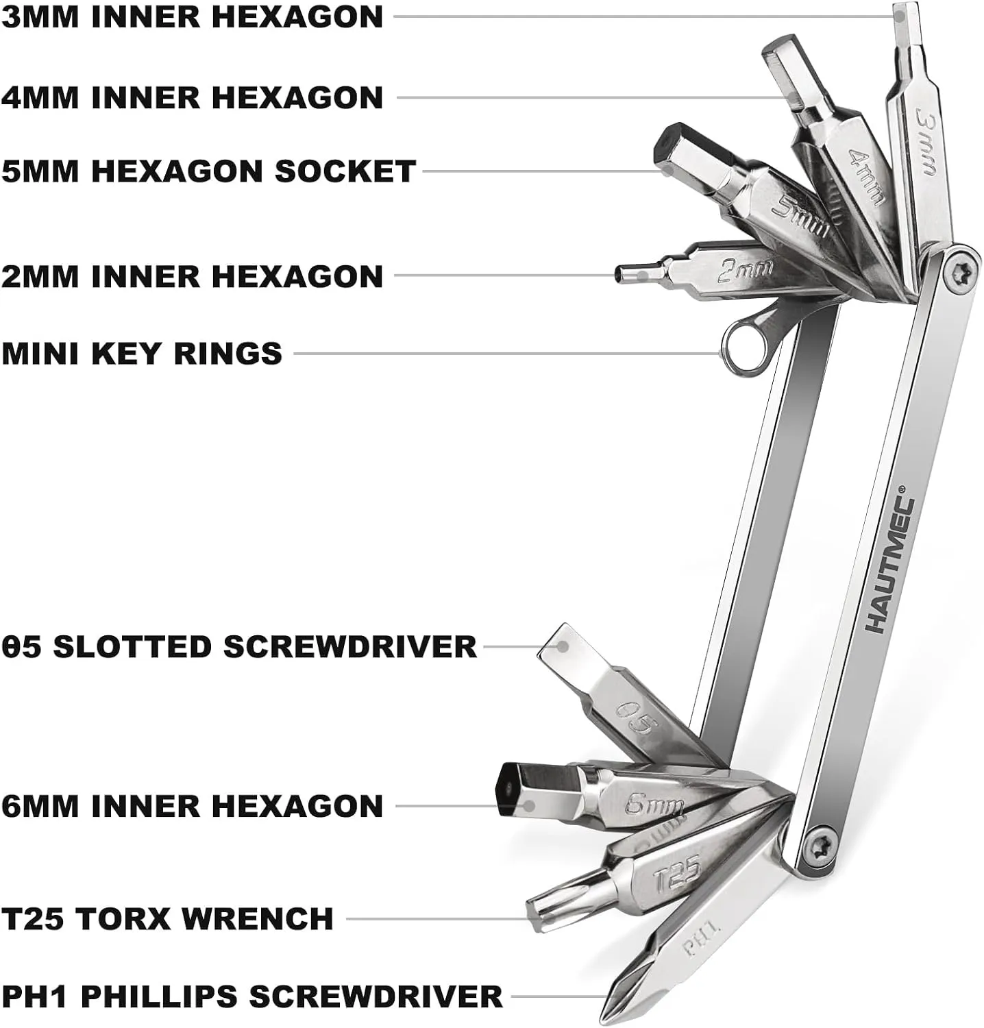 HAUTMEC 9 in 1 Bike Multitool, Mini Bike Repair Tool Kit for Road and Mountain Bikes, Lightweight Stainless Steel Bike Tool With 2/3/4/6mm Inner Hexagon and Phillips Screwdriver Multitool HT0418-BT