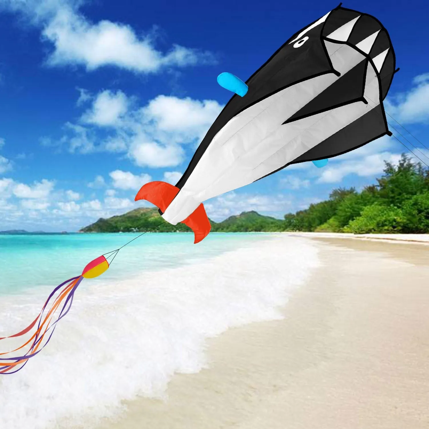 IMAGE Large 3D Blue Black Red Orange Dolphin Kite for Adult, 82.67in*10.62in Frameless Soft Parafoil Giant Kite Easy to Fly Beginners and Perfect for The Beach, Family Activity
