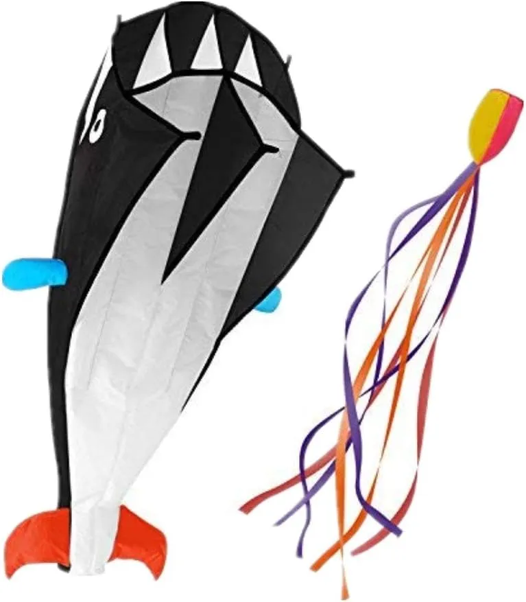 IMAGE Large 3D Blue Black Red Orange Dolphin Kite for Adult, 82.67in*10.62in Frameless Soft Parafoil Giant Kite Easy to Fly Beginners and Perfect for The Beach, Family Activity