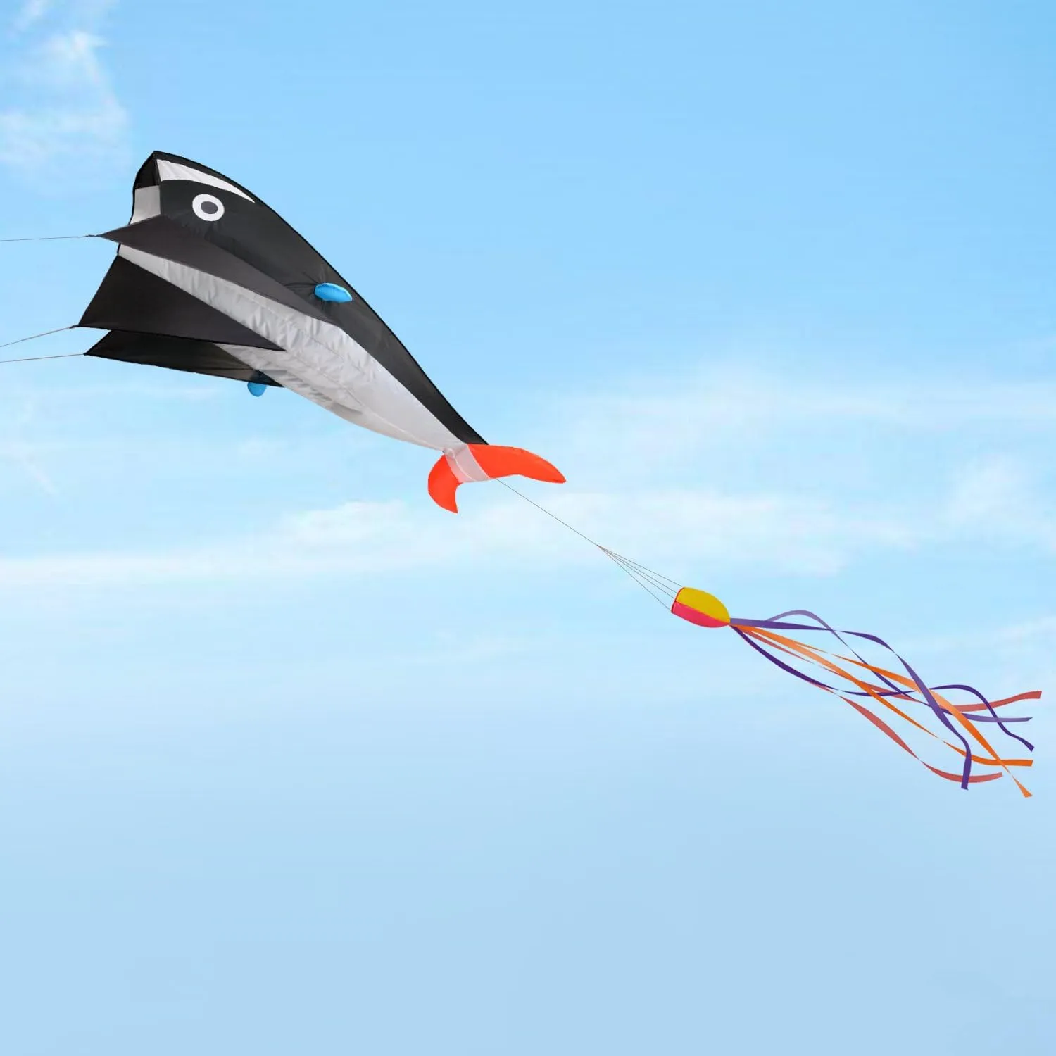 IMAGE Large 3D Blue Black Red Orange Dolphin Kite for Adult, 82.67in*10.62in Frameless Soft Parafoil Giant Kite Easy to Fly Beginners and Perfect for The Beach, Family Activity