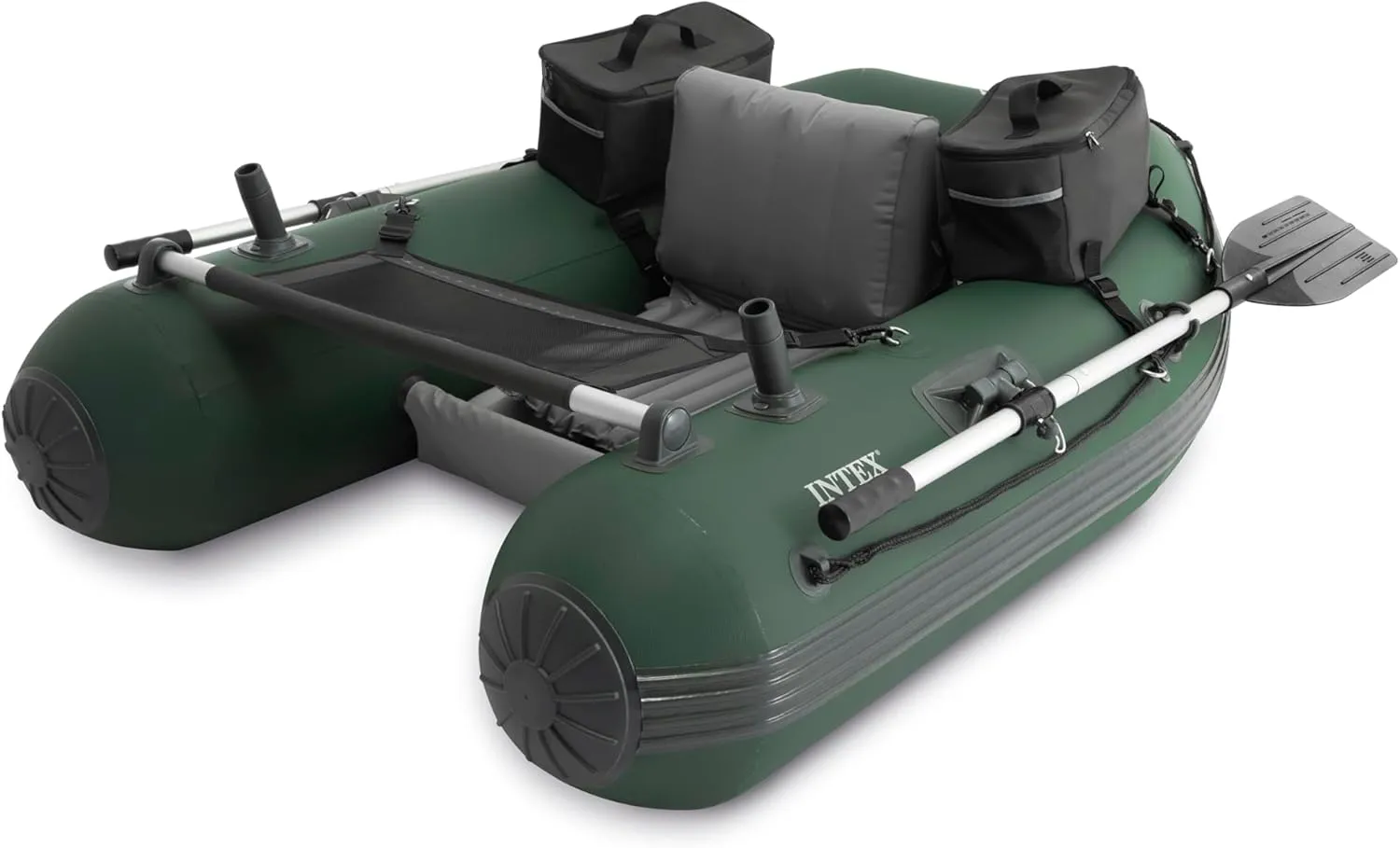 INTEX Big Catch Pro Inflatable Fishing Float Tube, Includes 54in Boat Oars, High-Output Pump, Detachable Fishing Rod Holders, Mesh Fish Ruler, Heavy Duty Backpack, Storage Bag, 308lb Weight Capacity