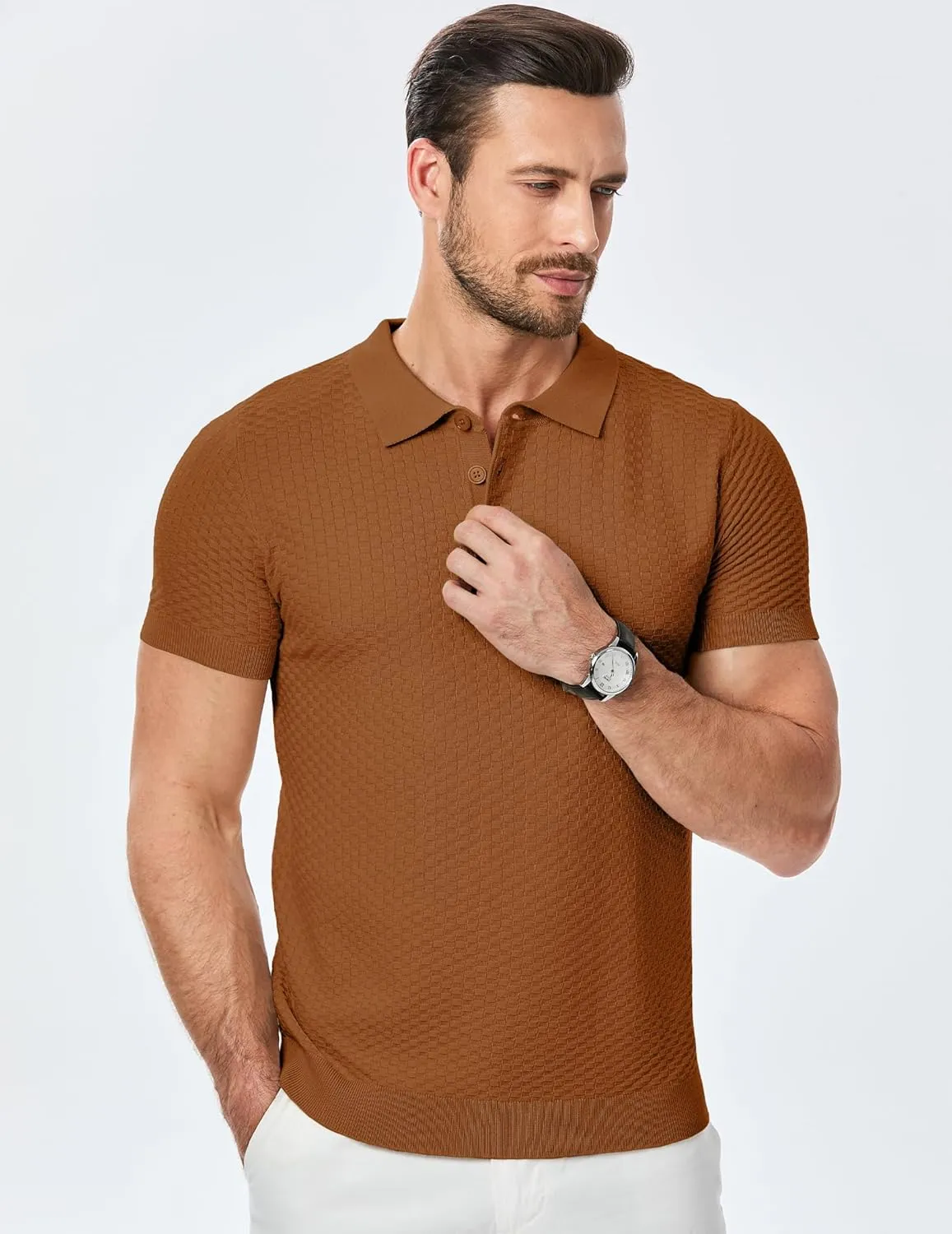 JMIERR Mens Knit Polo Shirts Classic Button Basic Textured T Shirts Casual Slim Fit Short Sleeve Summer Golf Tee Shirt