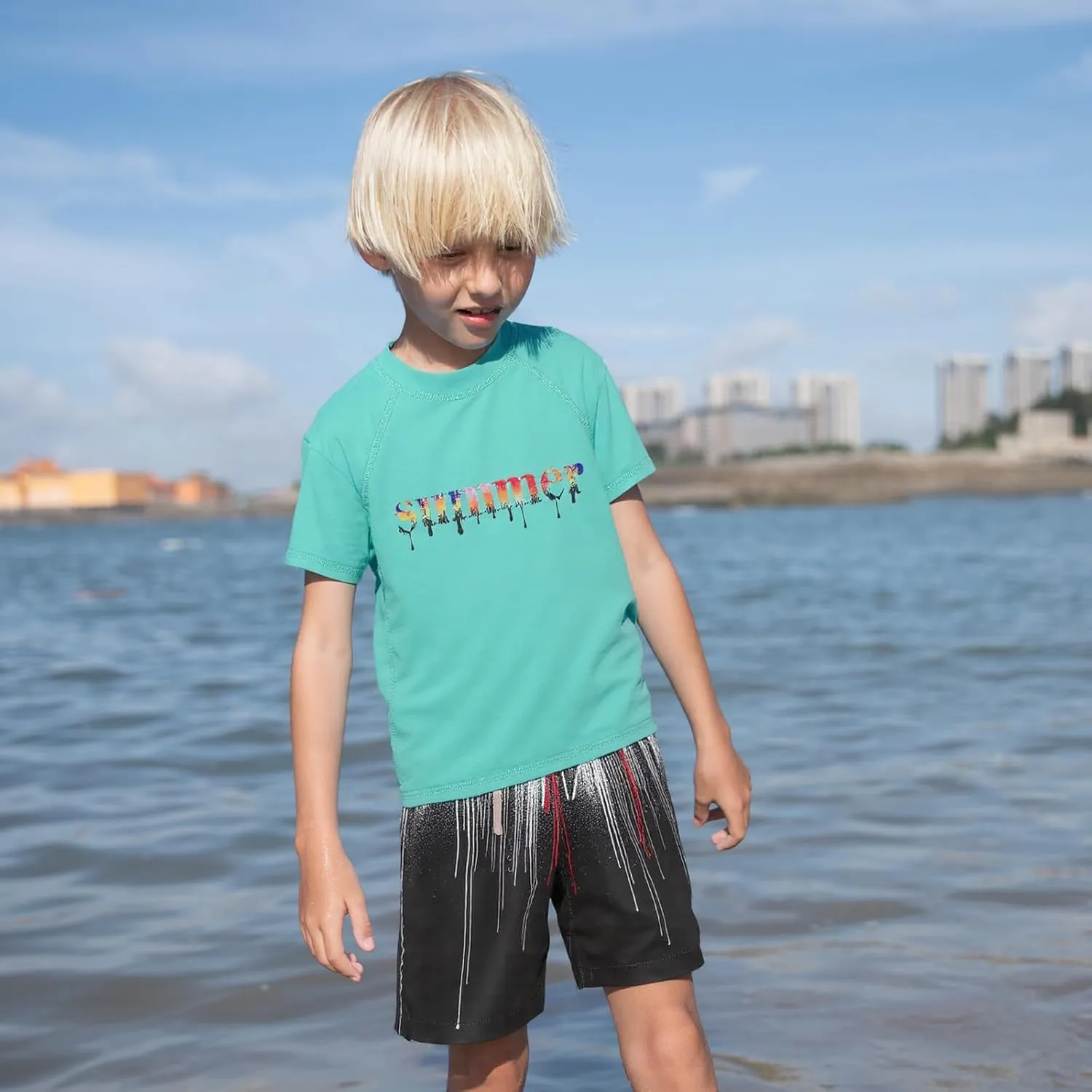 Moon Tree Boys Rash Guard Set for Boys 2 Piece Swimsuits Short Sleeve Bathing Suits with Trunks Quick Dry Swim Shirts