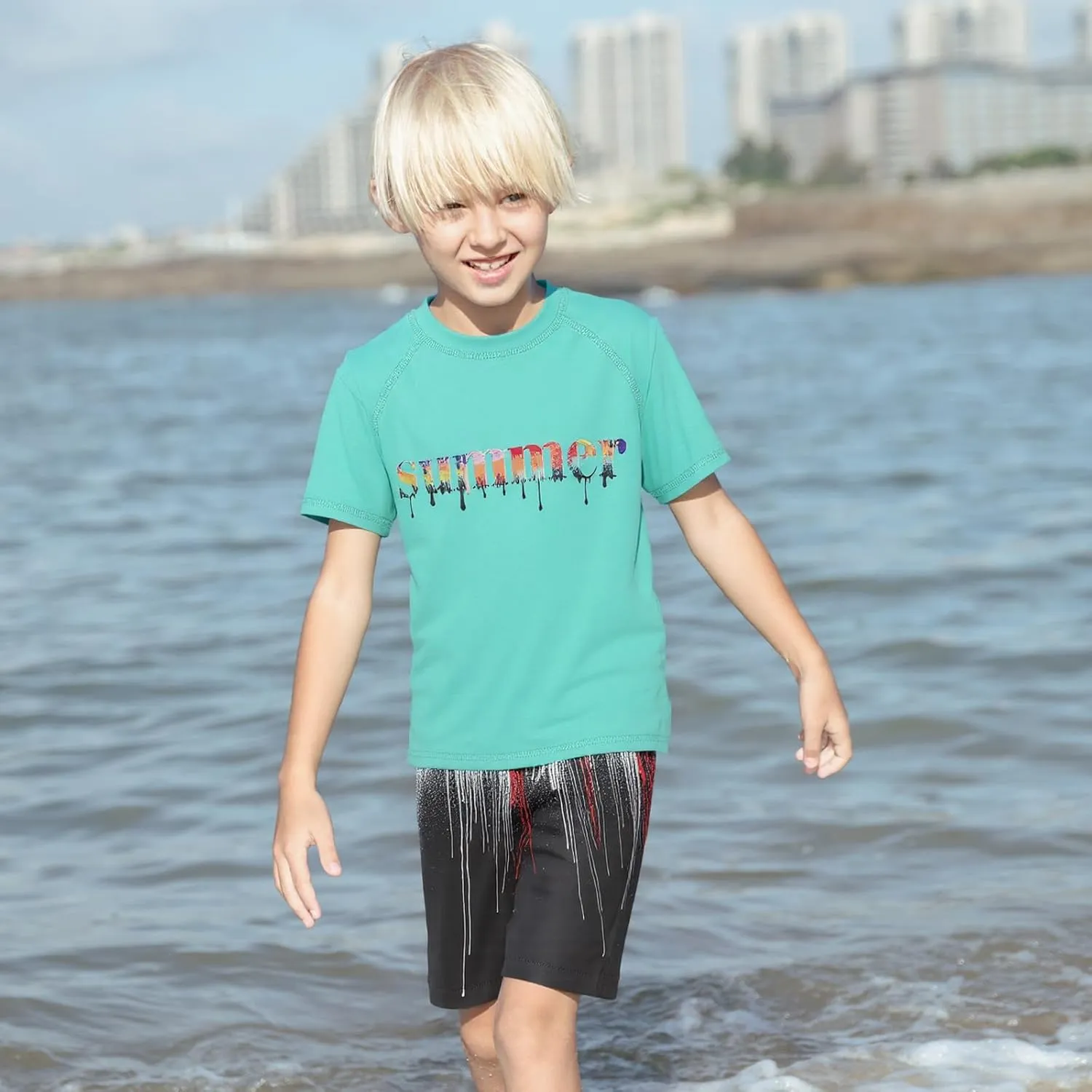 Moon Tree Boys Rash Guard Set for Boys 2 Piece Swimsuits Short Sleeve Bathing Suits with Trunks Quick Dry Swim Shirts