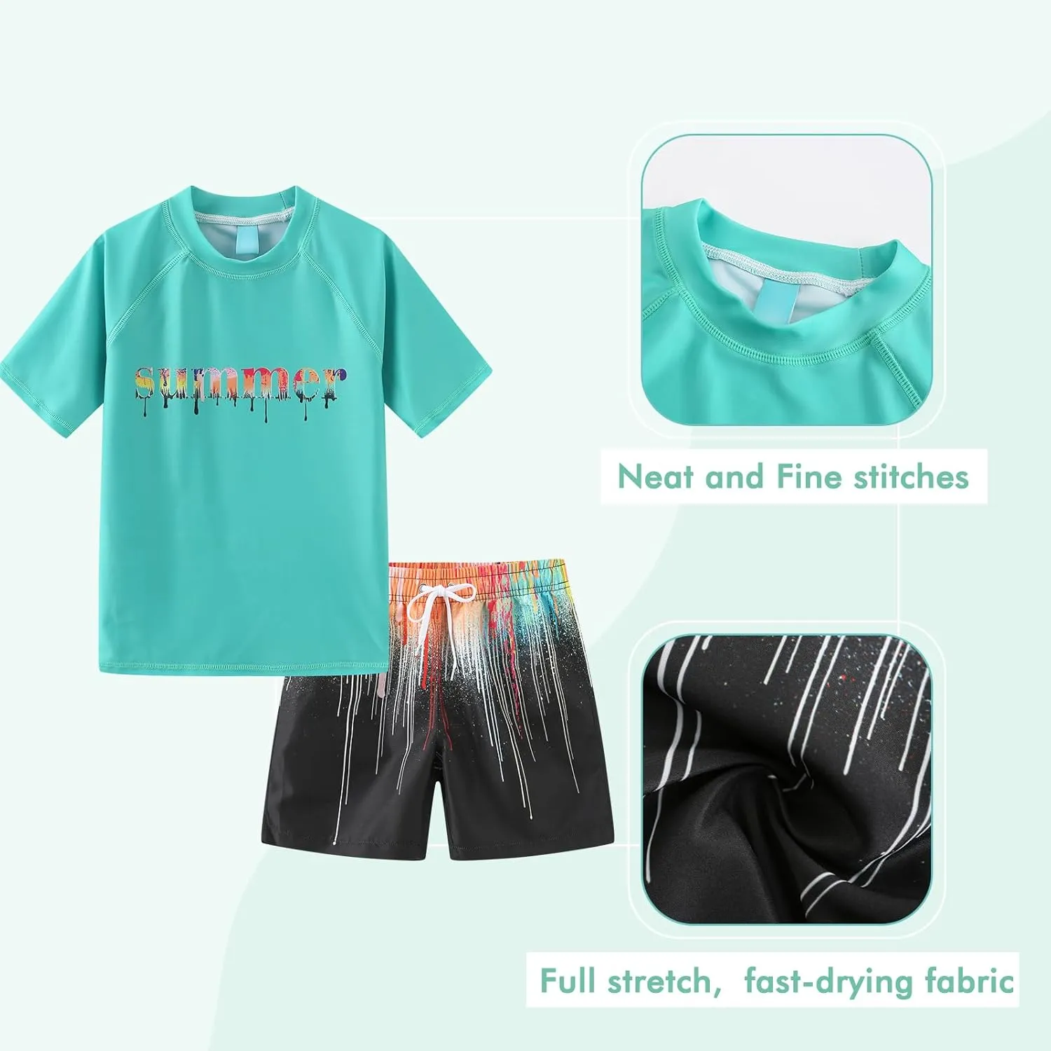 Moon Tree Boys Rash Guard Set for Boys 2 Piece Swimsuits Short Sleeve Bathing Suits with Trunks Quick Dry Swim Shirts