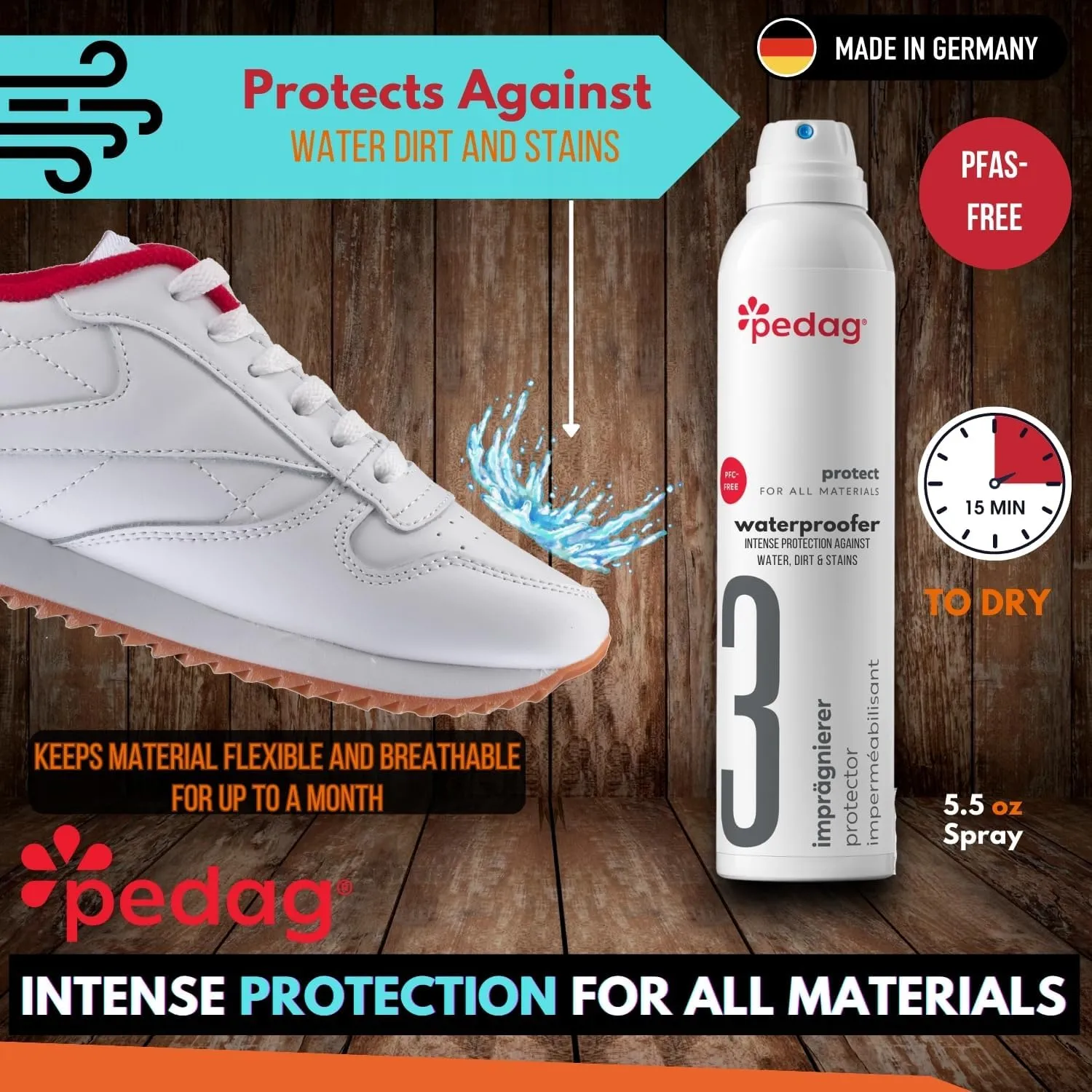 Pedag PFAS-Free Waterproofer | German Made | Heavy Duty Waterproof and Stain Repellent | Canvas & Fabric Spray Protector | Waterproofing Spray and Guard for Boots, Shoes, Tents, Hats, Jackets | 1 Can