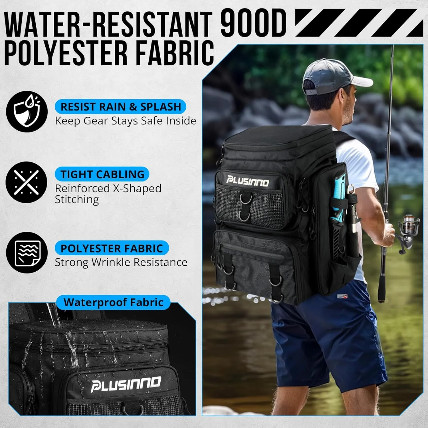 PLUSINNO Fishing Backpack With Rod Holder, 42L Water-Resistant Fishing Gear Tackle Box Backpack, Tackle Bag For Men