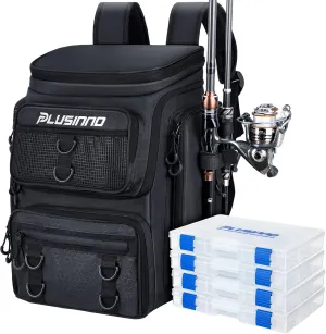 PLUSINNO Fishing Backpack With Rod Holder, 42L Water-Resistant Fishing Gear Tackle Box Backpack, Tackle Bag For Men