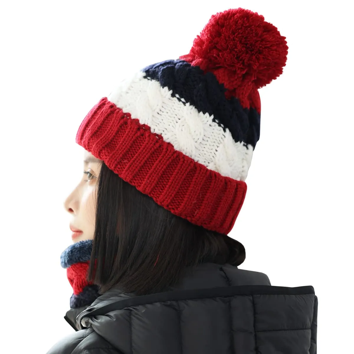 Sidiou Group Wholesale Fashion Warm Thicken Fleece Lining Knitted Pom Pom Beanie Hat And Windproof Scarves For Women Ski Winter Hat Scarf Set