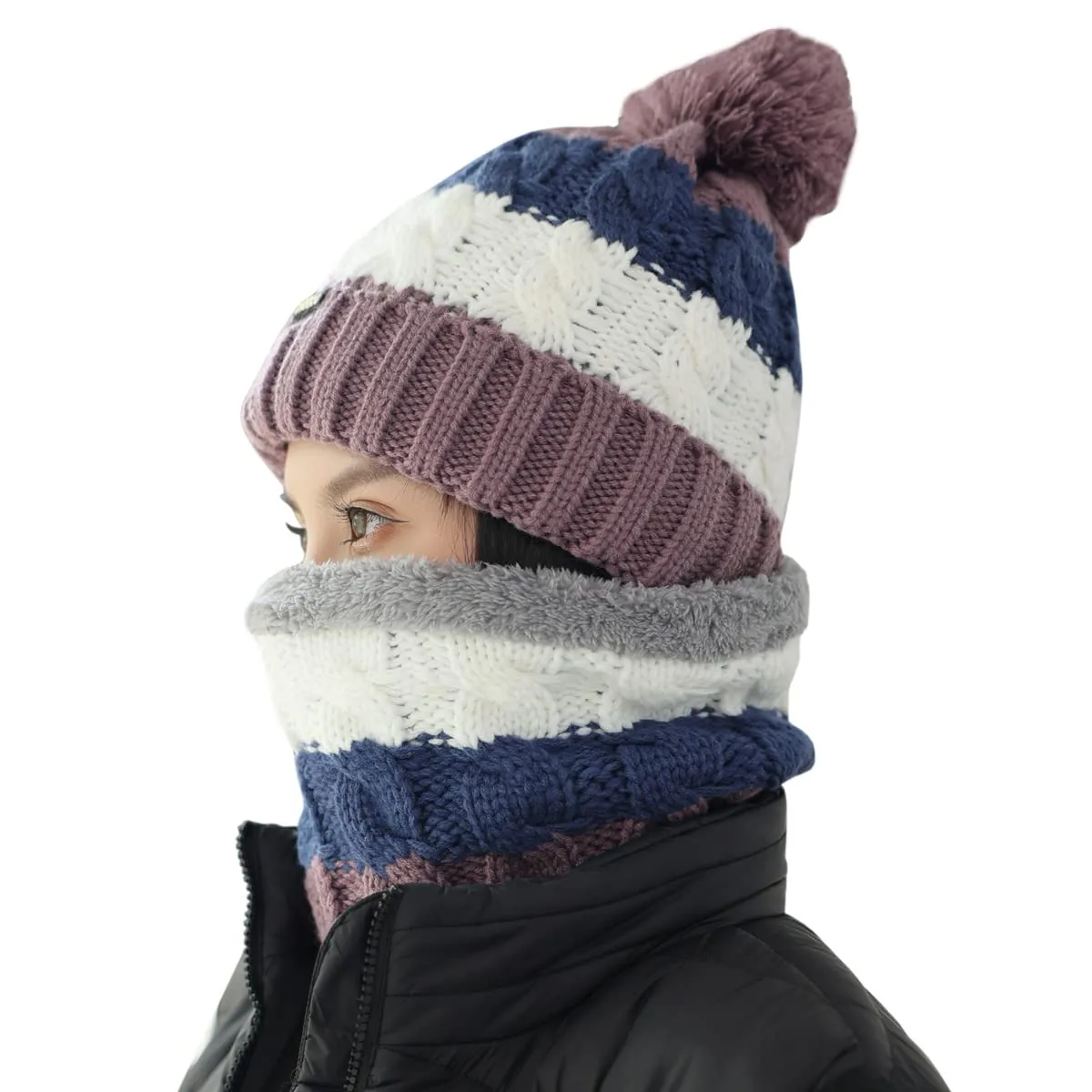 Sidiou Group Wholesale Fashion Warm Thicken Fleece Lining Knitted Pom Pom Beanie Hat And Windproof Scarves For Women Ski Winter Hat Scarf Set