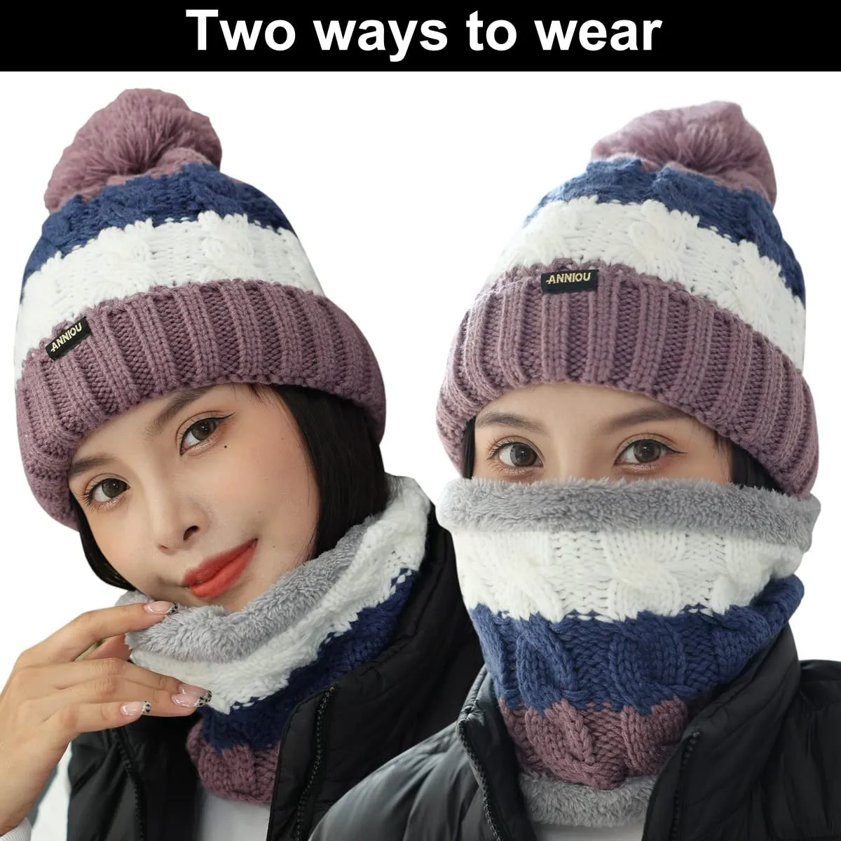 Sidiou Group Wholesale Fashion Warm Thicken Fleece Lining Knitted Pom Pom Beanie Hat And Windproof Scarves For Women Ski Winter Hat Scarf Set