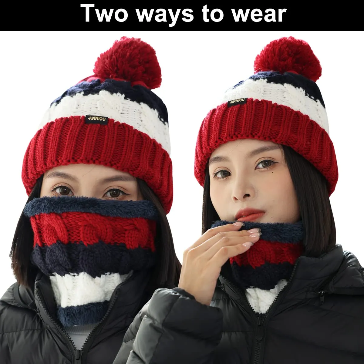 Sidiou Group Wholesale Fashion Warm Thicken Fleece Lining Knitted Pom Pom Beanie Hat And Windproof Scarves For Women Ski Winter Hat Scarf Set