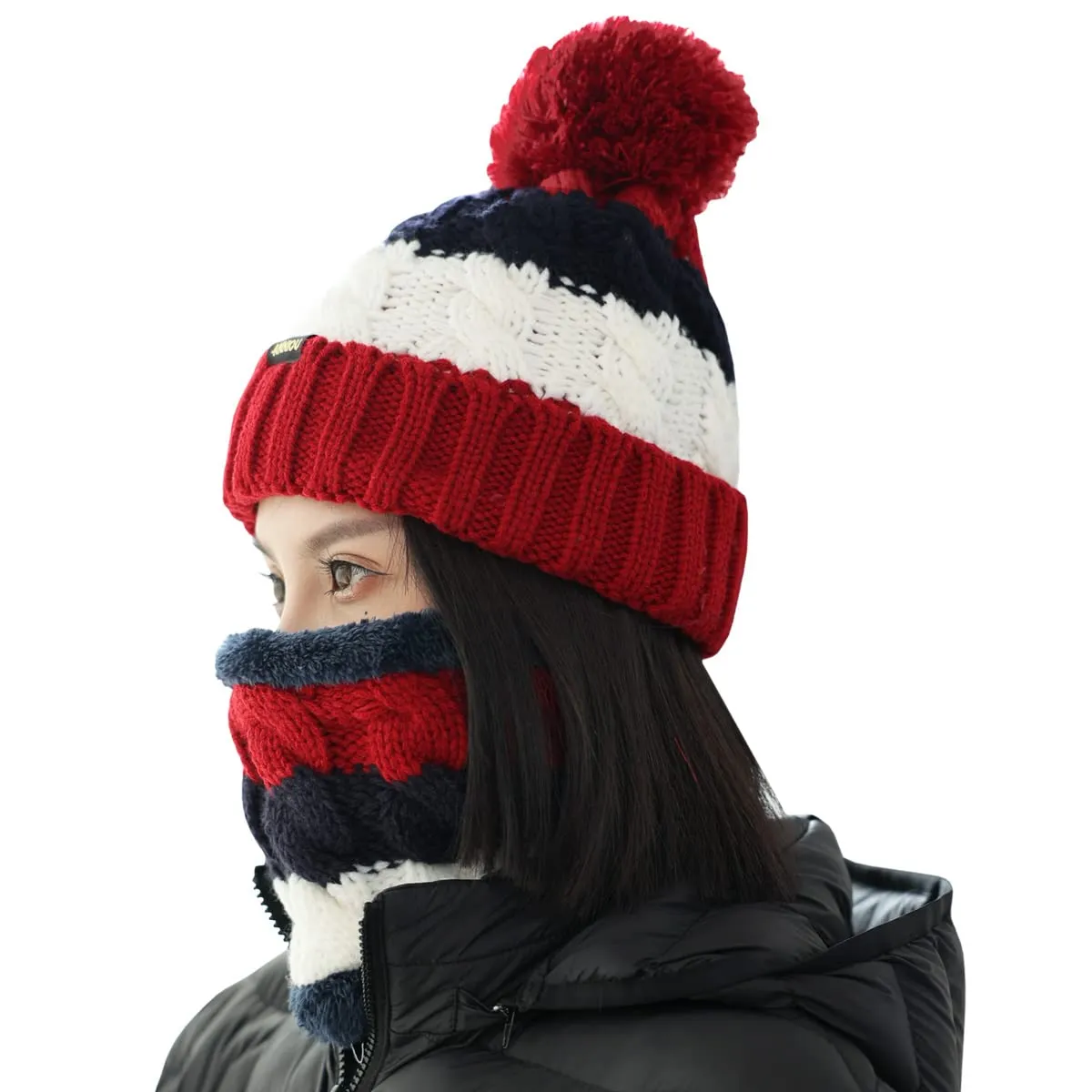 Sidiou Group Wholesale Fashion Warm Thicken Fleece Lining Knitted Pom Pom Beanie Hat And Windproof Scarves For Women Ski Winter Hat Scarf Set