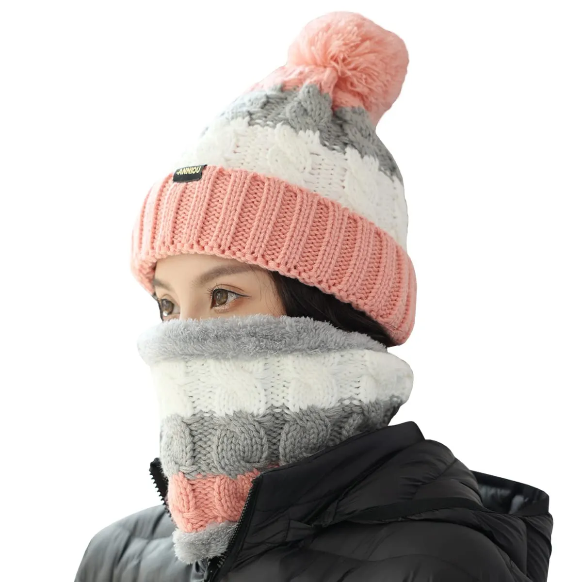 Sidiou Group Wholesale Fashion Warm Thicken Fleece Lining Knitted Pom Pom Beanie Hat And Windproof Scarves For Women Ski Winter Hat Scarf Set
