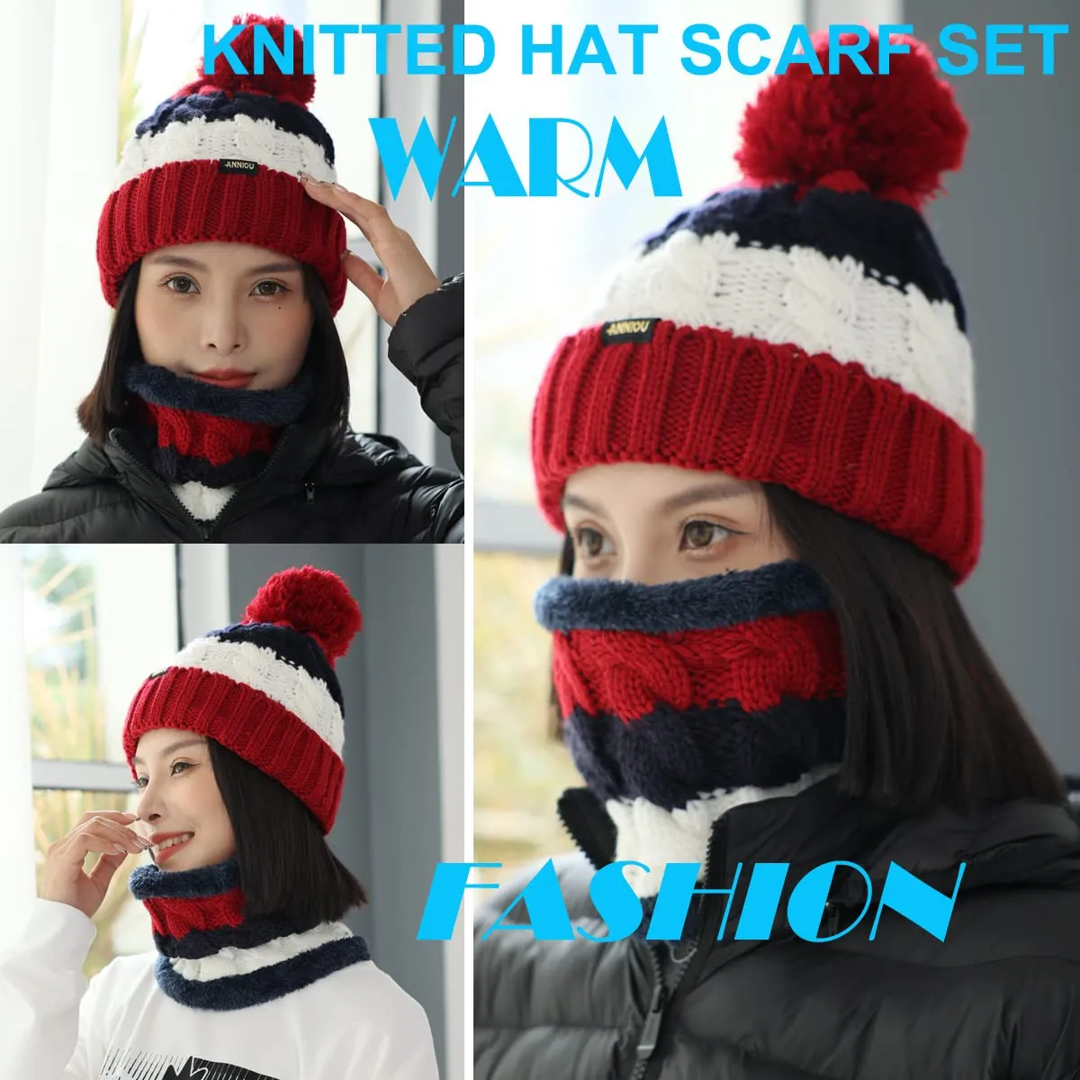 Sidiou Group Wholesale Fashion Warm Thicken Fleece Lining Knitted Pom Pom Beanie Hat And Windproof Scarves For Women Ski Winter Hat Scarf Set
