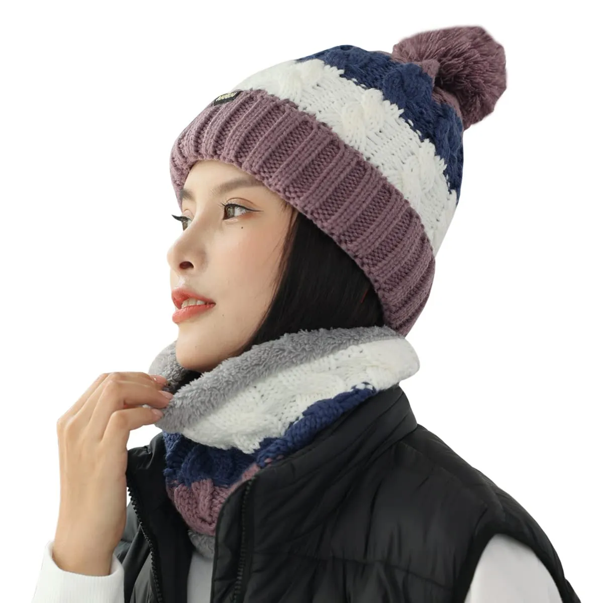 Sidiou Group Wholesale Fashion Warm Thicken Fleece Lining Knitted Pom Pom Beanie Hat And Windproof Scarves For Women Ski Winter Hat Scarf Set