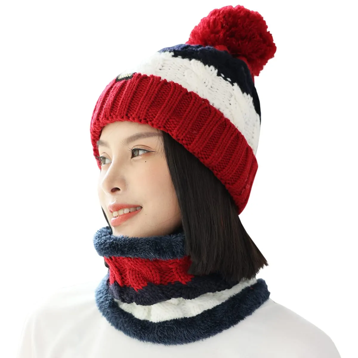 Sidiou Group Wholesale Fashion Warm Thicken Fleece Lining Knitted Pom Pom Beanie Hat And Windproof Scarves For Women Ski Winter Hat Scarf Set