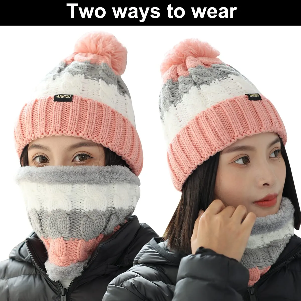 Sidiou Group Wholesale Fashion Warm Thicken Fleece Lining Knitted Pom Pom Beanie Hat And Windproof Scarves For Women Ski Winter Hat Scarf Set