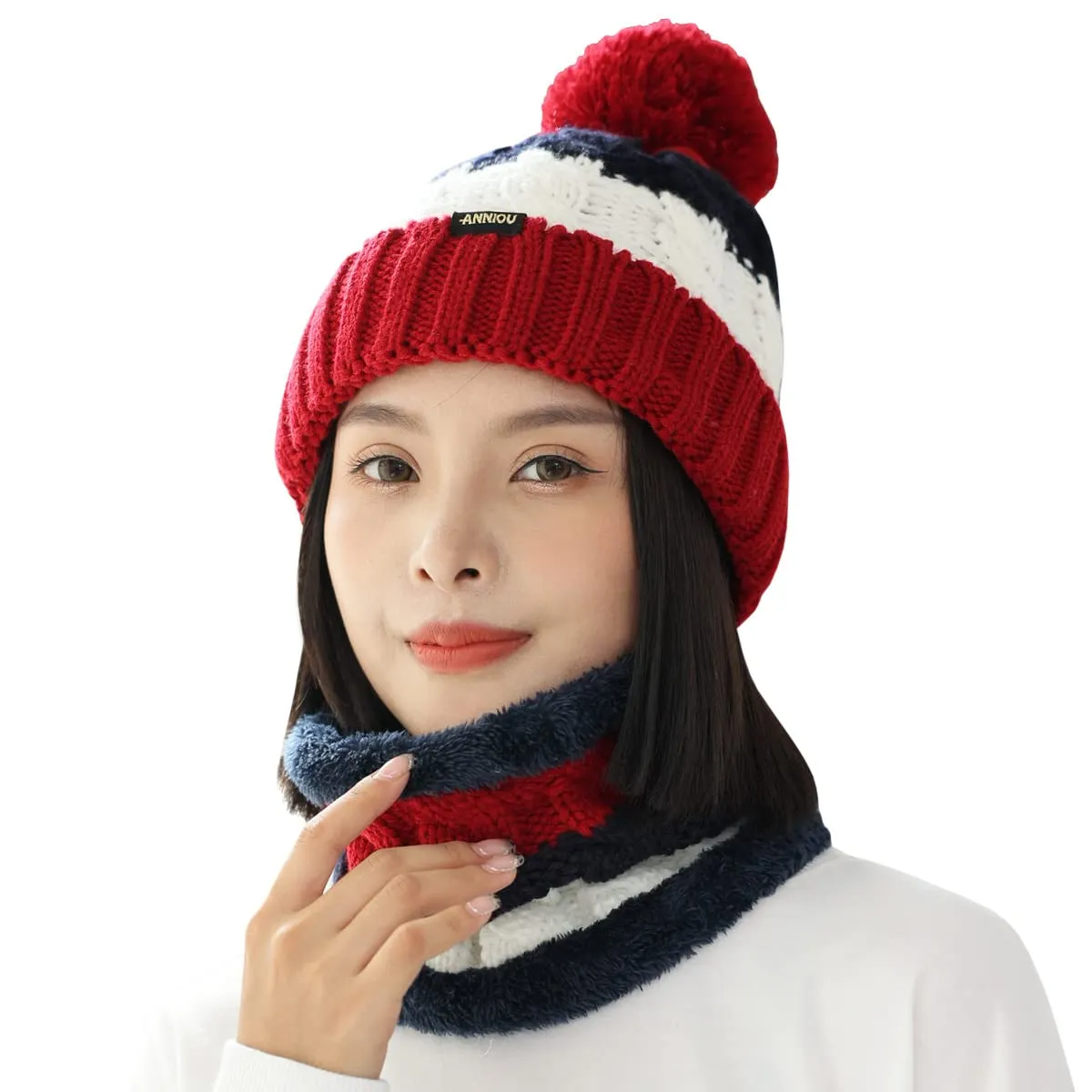 Sidiou Group Wholesale Fashion Warm Thicken Fleece Lining Knitted Pom Pom Beanie Hat And Windproof Scarves For Women Ski Winter Hat Scarf Set