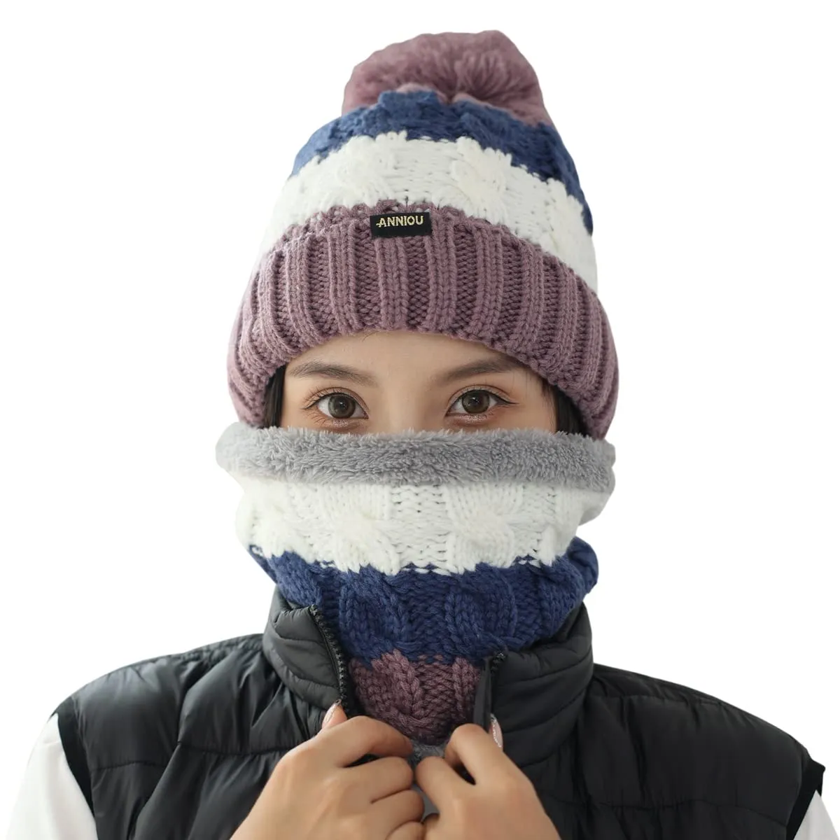 Sidiou Group Wholesale Fashion Warm Thicken Fleece Lining Knitted Pom Pom Beanie Hat And Windproof Scarves For Women Ski Winter Hat Scarf Set