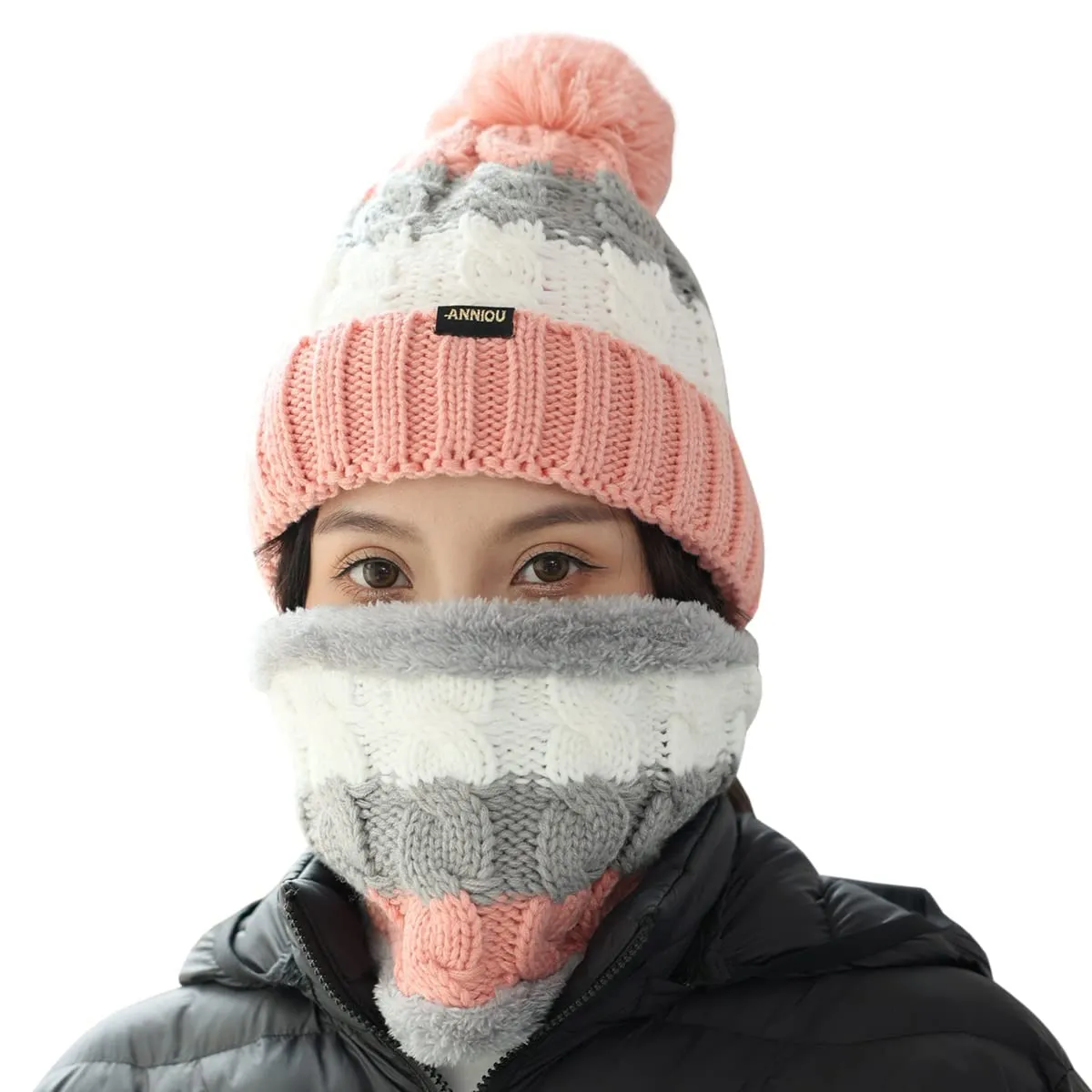 Sidiou Group Wholesale Fashion Warm Thicken Fleece Lining Knitted Pom Pom Beanie Hat And Windproof Scarves For Women Ski Winter Hat Scarf Set