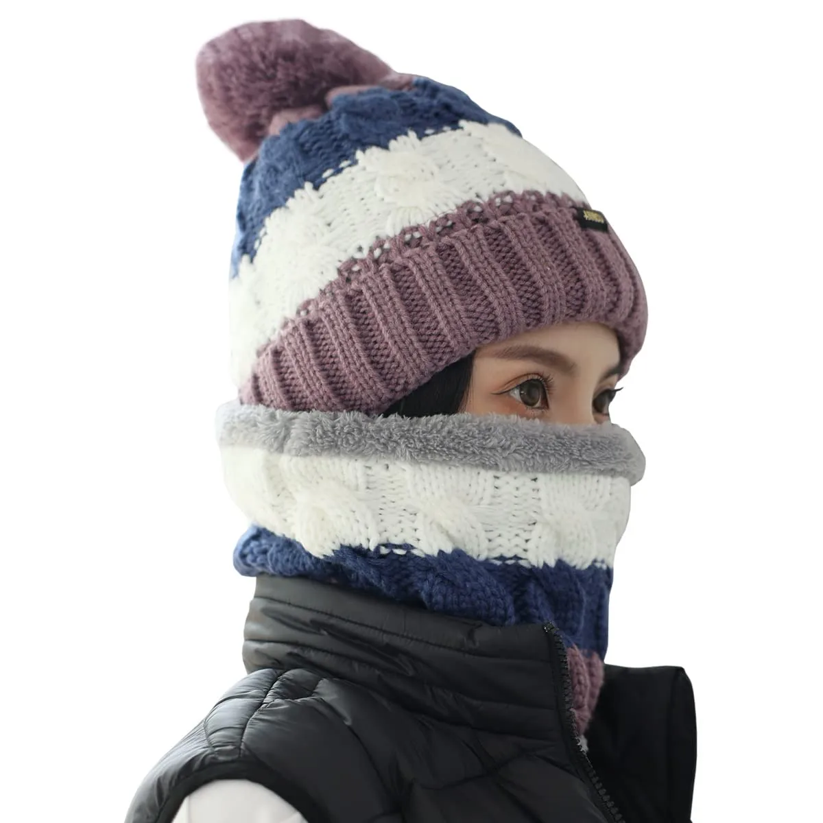 Sidiou Group Wholesale Fashion Warm Thicken Fleece Lining Knitted Pom Pom Beanie Hat And Windproof Scarves For Women Ski Winter Hat Scarf Set