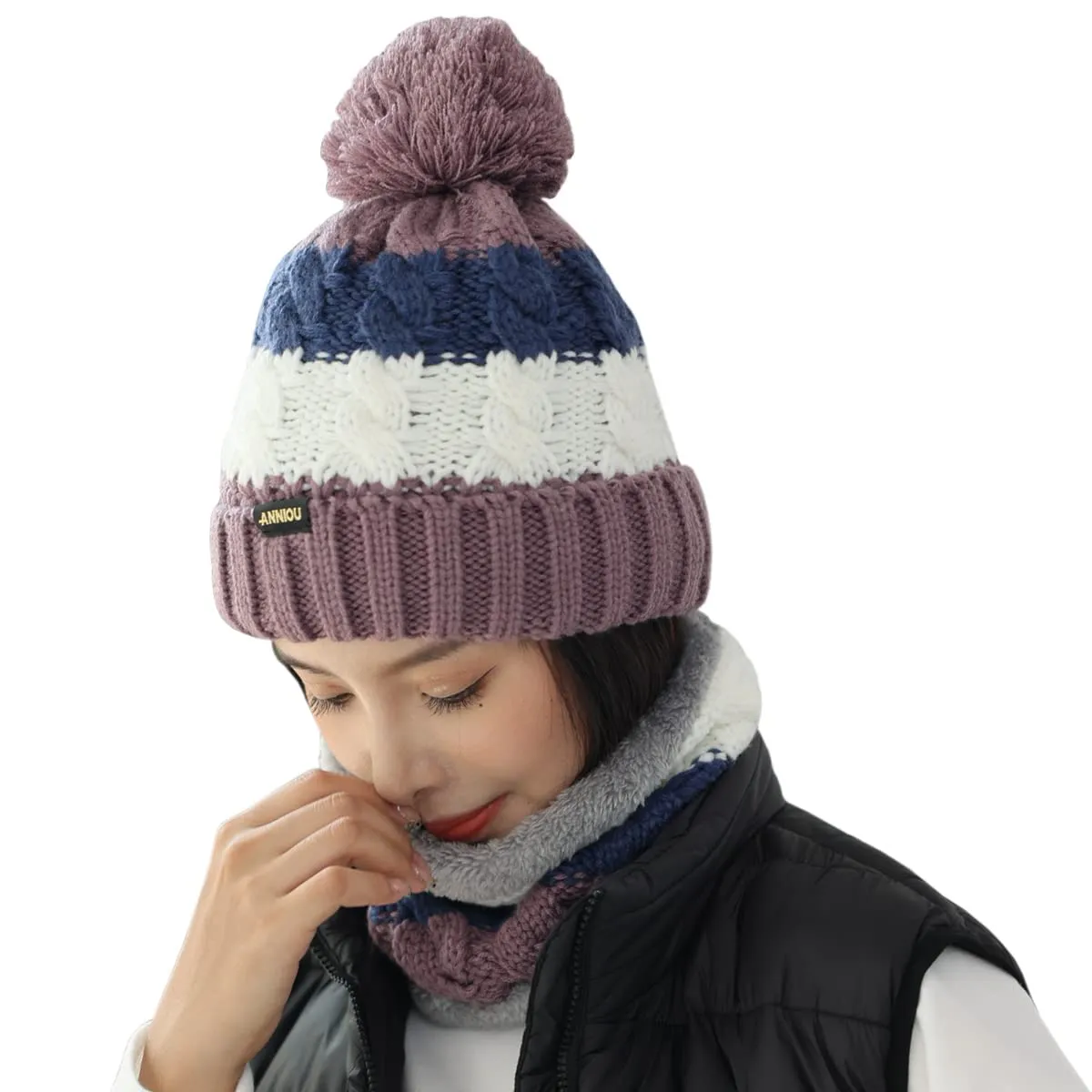 Sidiou Group Wholesale Fashion Warm Thicken Fleece Lining Knitted Pom Pom Beanie Hat And Windproof Scarves For Women Ski Winter Hat Scarf Set