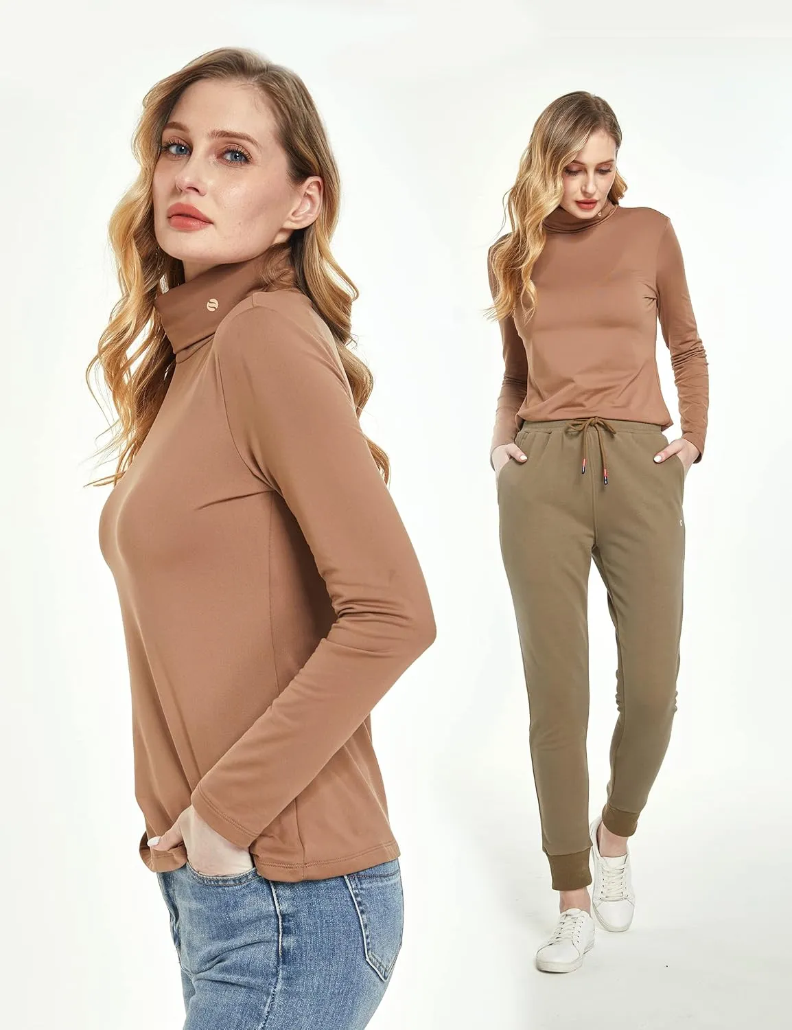 SSLR-Thermal-Shirts for-Women-Turtleneck Long Sleeve Tops Fleece Lined Winter Slim Fitted Mock Neck Base Layer